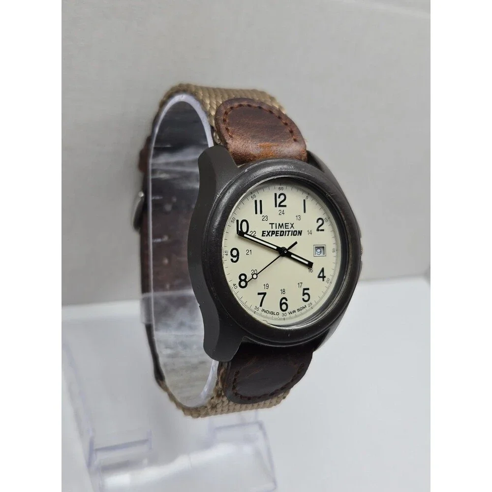 Timex Expedition Camper Mens Watch Indiglo Date Brown Strap Dial New Battery